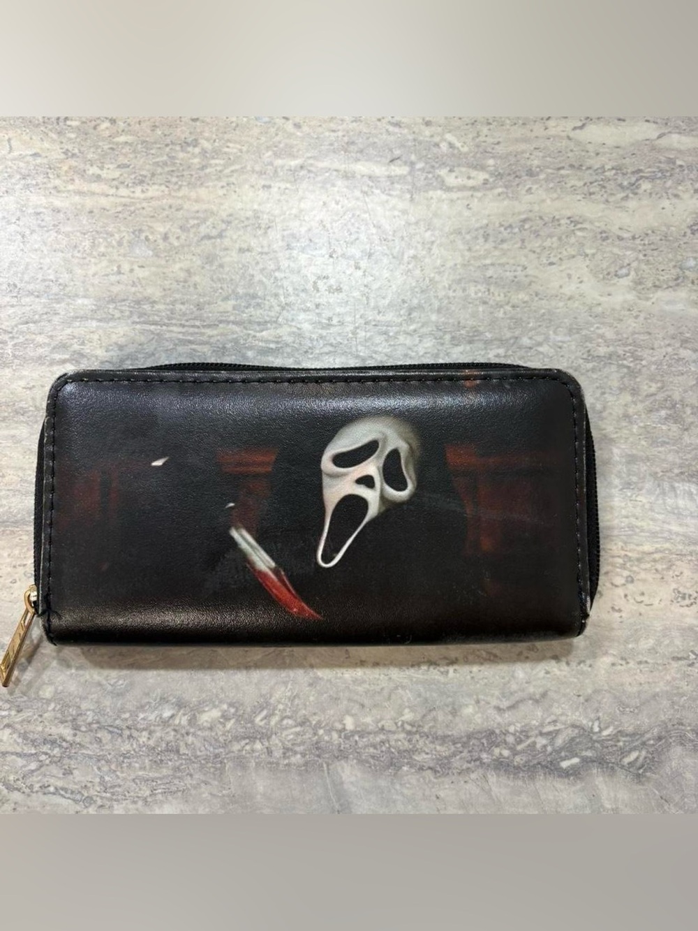 Black Graphic Zip-Around Wallet with Masked Scream Design